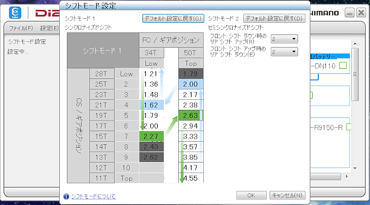 シンクロさせるギアポジションやギア比の設定ができるマップ画面より細かく調整が可能となっている