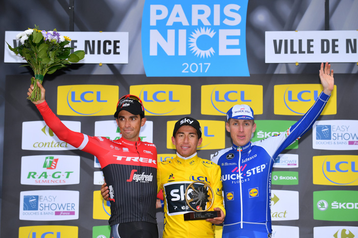 2017年の総合表彰台 2位アルベルト・コンタドール(スペイン、トレック・セガフレード)、1位セルジオルイス・エナオ(コロンビア、チームスカイ)、3位ダニエル・マーティン(アイルランド、クイックステップフロアーズ)