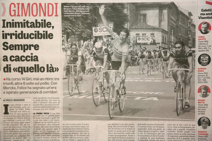 この日のガゼッタ・デッロ・スポルト紙はジロ・デ・イタリア特集で、フェリーチェ・ジモンディ氏の記事が載っていた