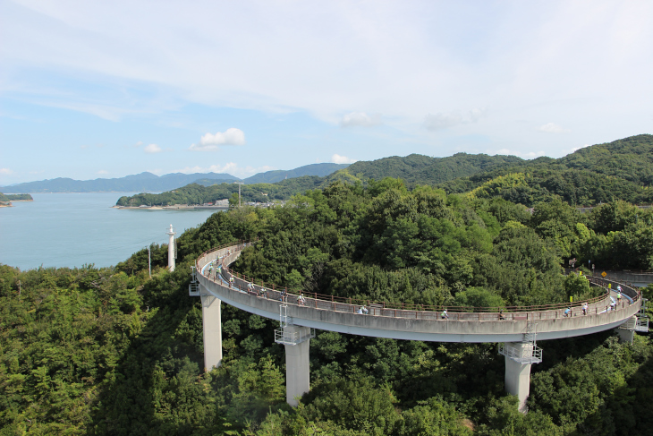 青い海、緑の島、巨大なループ橋の組み合わせは他では見ることができない光景だ