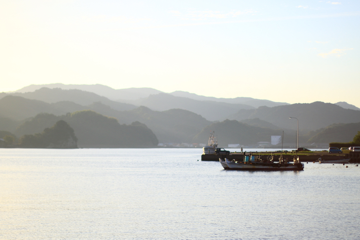 朝日に煙る宿毛湾。背後の山々が豊かな漁場を育む