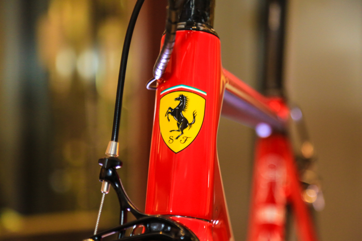 ヘッドチューブにはフェラーリを象徴する跳ね馬のエンブレムが大きく入ったデザイン