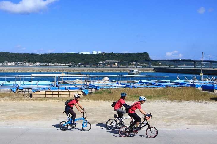 浜比嘉漁港の横を行く