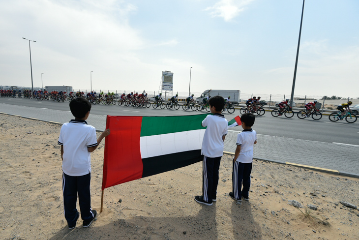アラブ首長国連邦の旗を持って応援