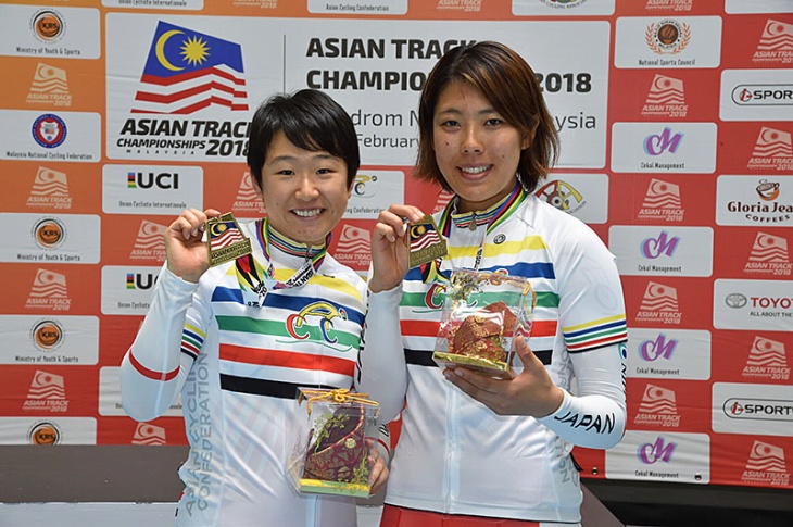 2018年のアジア選手権マディソンで優勝した梶原悠未・中村妃智ペア