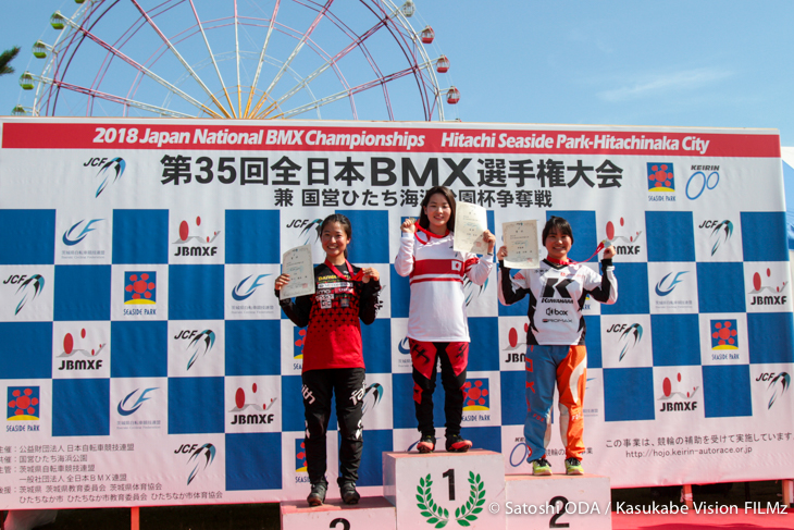 ジュニア女子ポディウム 優勝：丹野夏波（神奈川県/白鵬女子高等学校）、２位：永禮　美瑠（愛知県/KUWAHARA BIKE WORKS）、３位：早川　優衣（岡山県）