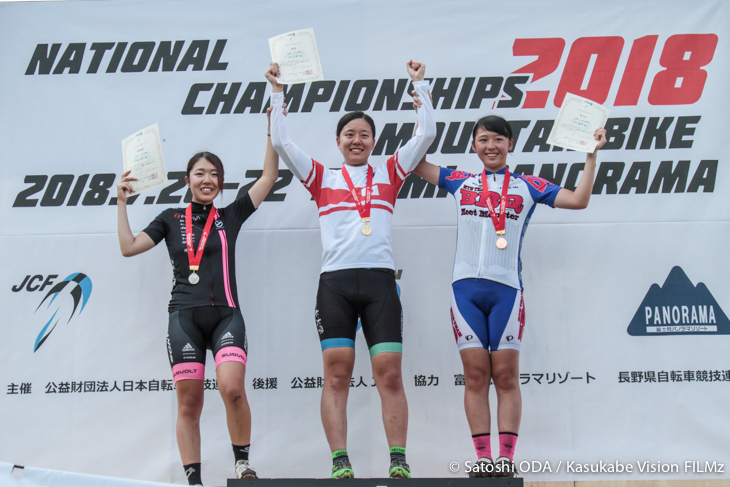 女子U23表彰式　優勝：山田夕貴（松本大学）、２位：佐藤寿美（drawer THE RACING）、３位：矢吹優夏（B･B･Q）