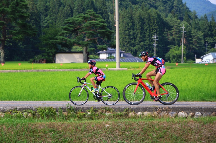 大町市の田んぼの道を駆け抜ける