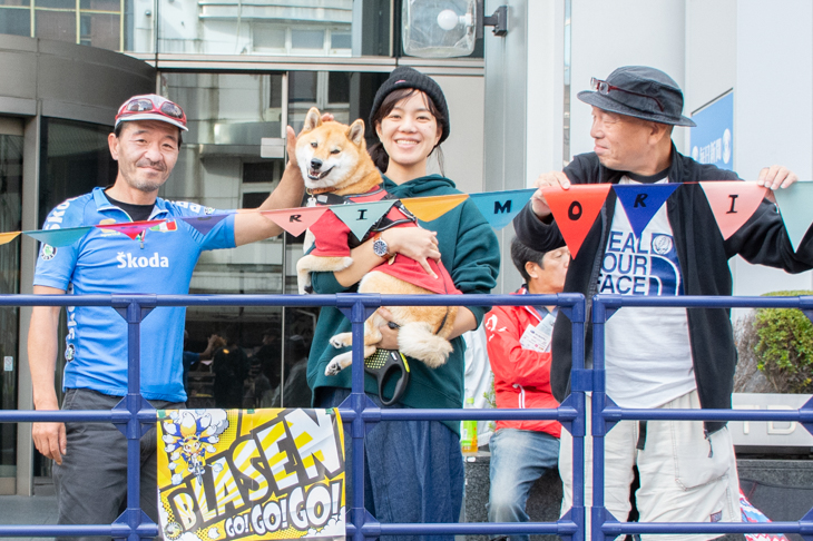 三角フラッグひとつひとつに「M」「O」「R」「I」と書かれている。柴犬もモーリを応援!