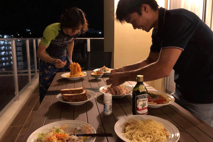 大事なレース前日はパスタ。自炊ができるホテルであったこともポイント