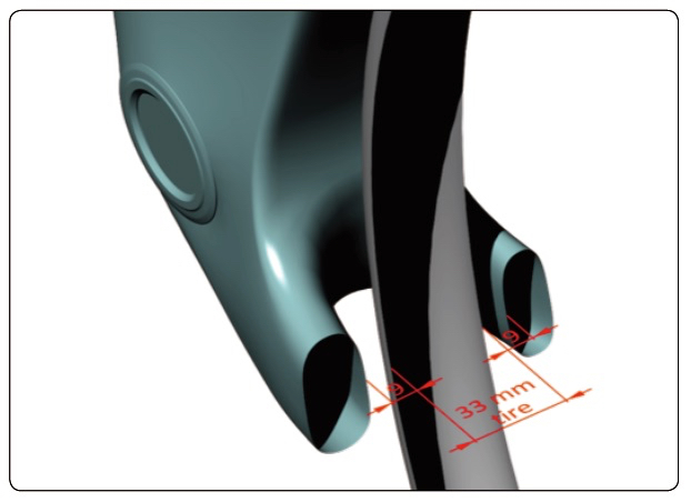 33mmタイヤ装着時に左右9mmずつのクリアランスを確保。最大42mm幅まで対応する