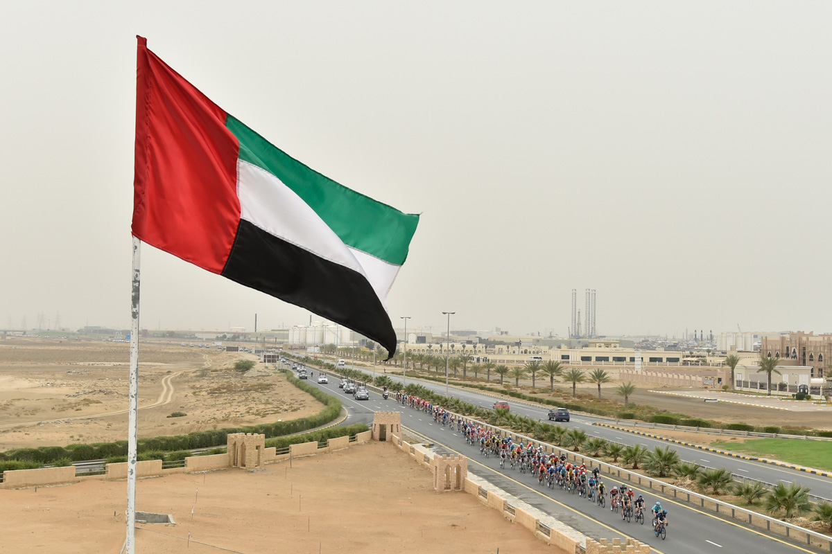 UAE（アラブ首長国連邦）の国旗が風になびく