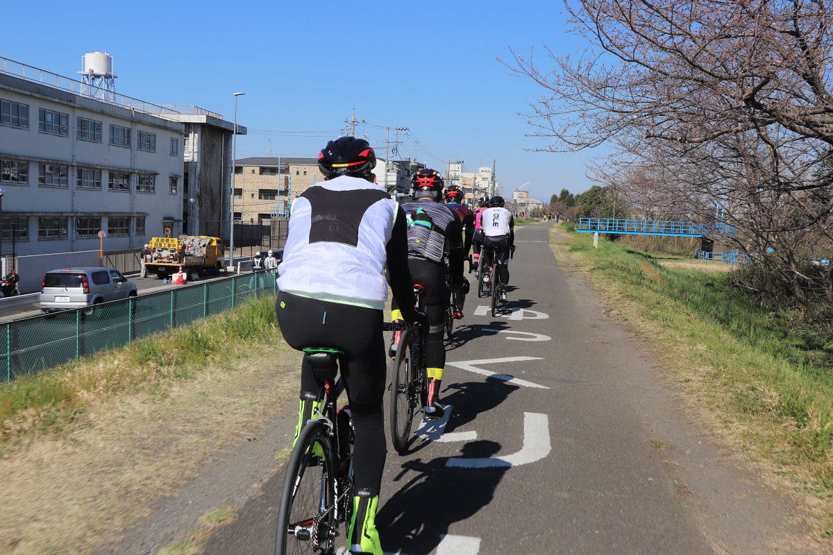 多摩川サイクリングロードを行く一行