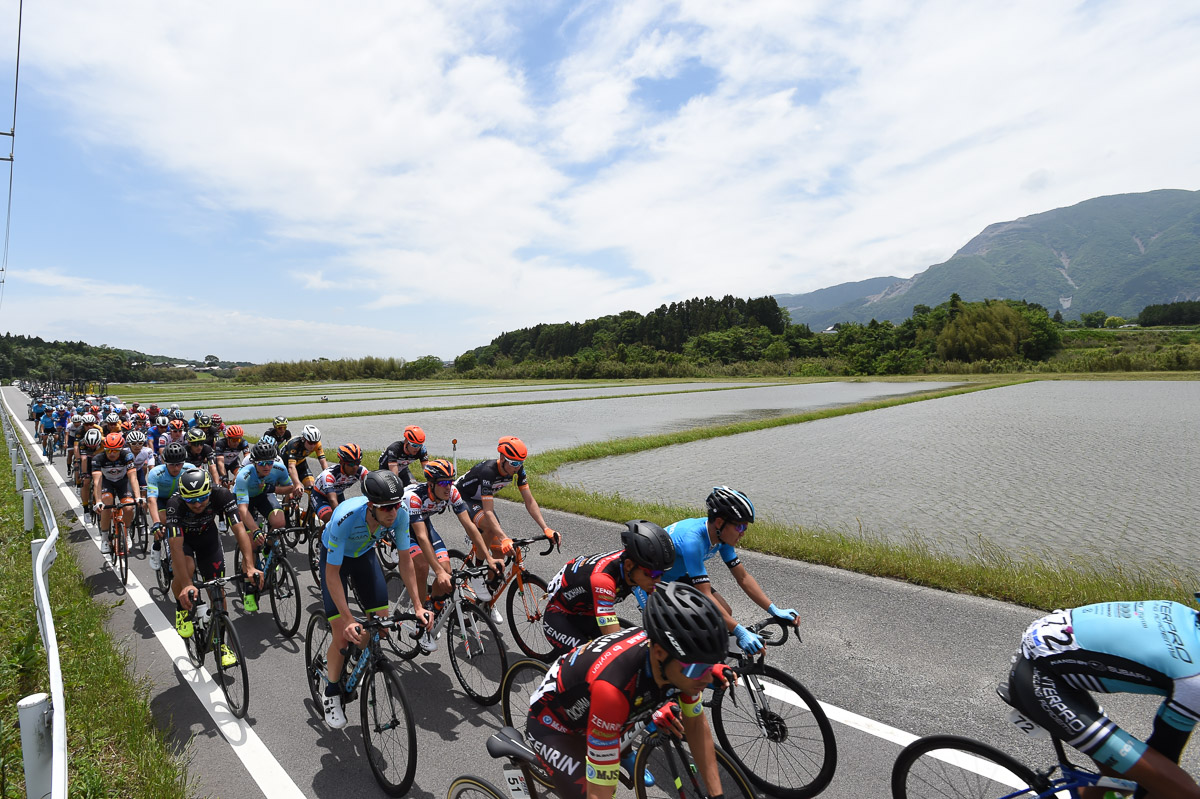 田植えが終わった水田地帯を駆け抜けるメイン集団