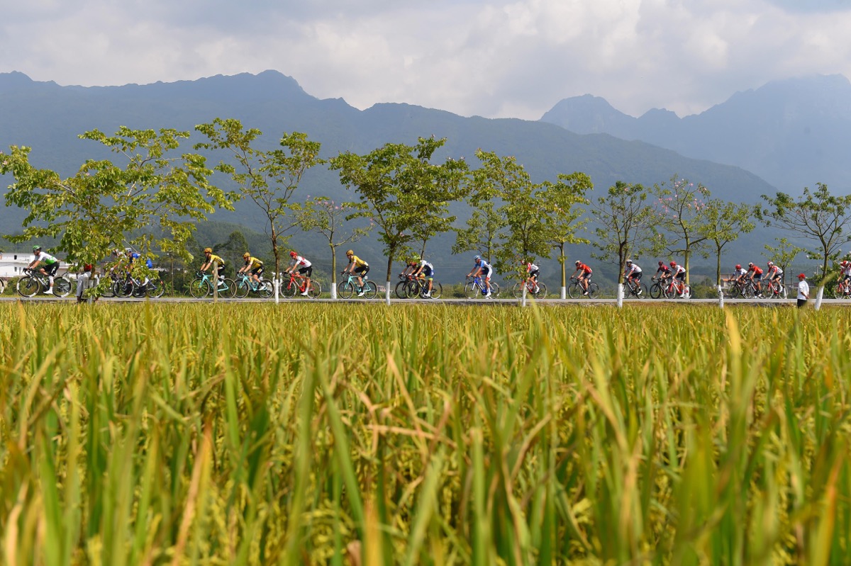 中国山間部の田園風景を駆け抜けていくプロトン