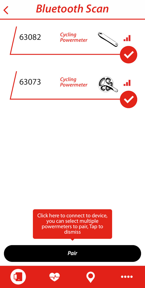 Bluetooth接続でアプリとペアリング、PRECISION PROの場合両側のパワーメーターが検出される