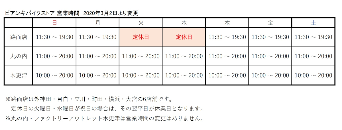 ビアンキストア営業時間変更のお知らせ