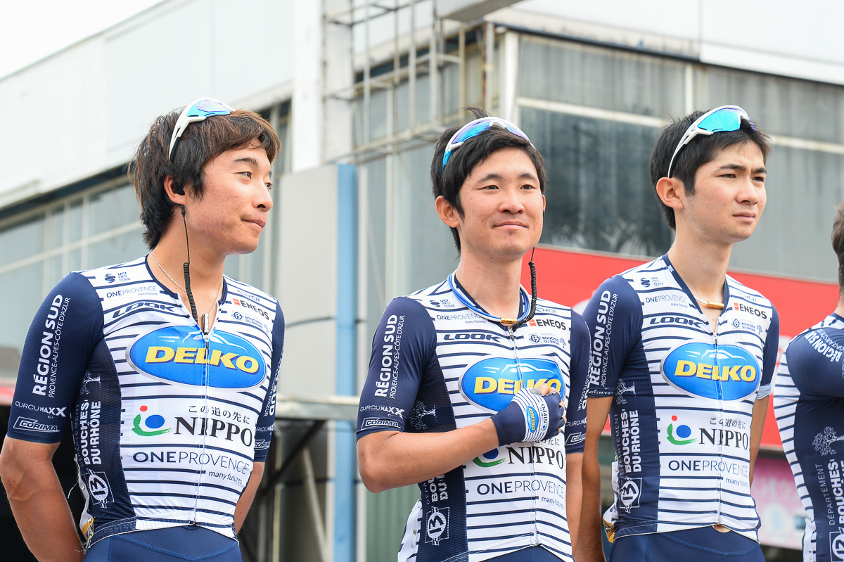 ツール・ド・台湾にはNIPPO・デルコ・ワンプロヴァンスの日本人選手3名が揃った。左から、岡篤志、中根英登、石上優大