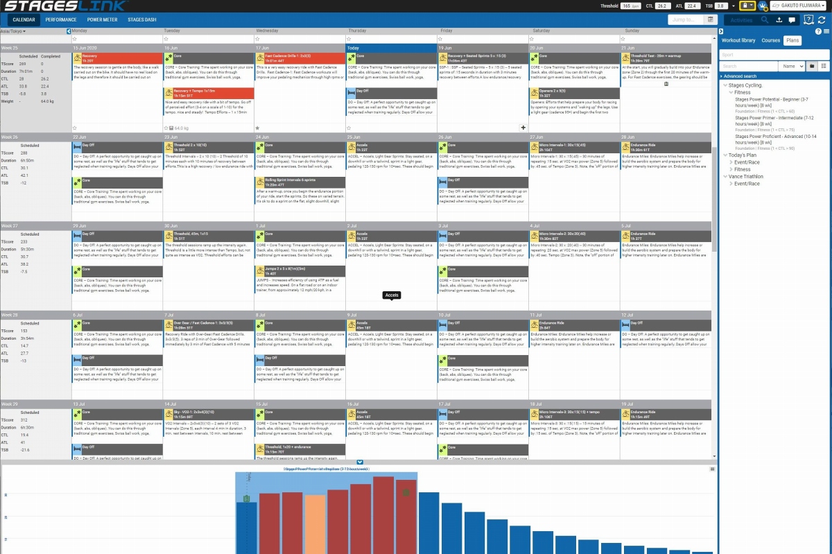STAGES LINKの美点は様々なワークアウト、ライドコースをカレンダーで管理できる点だ