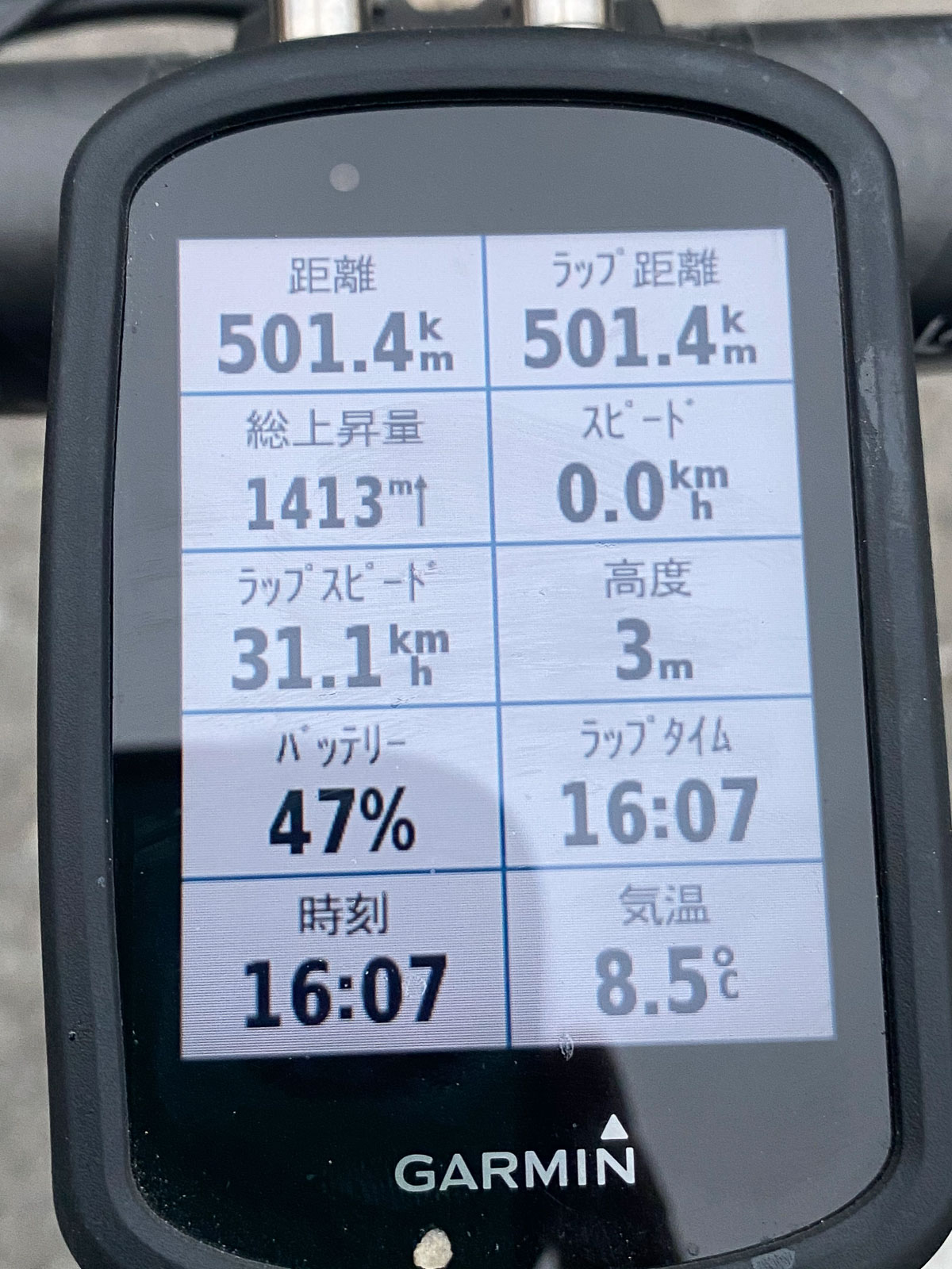 走行完了時のガーミンの画面。501.4kmの走行だった