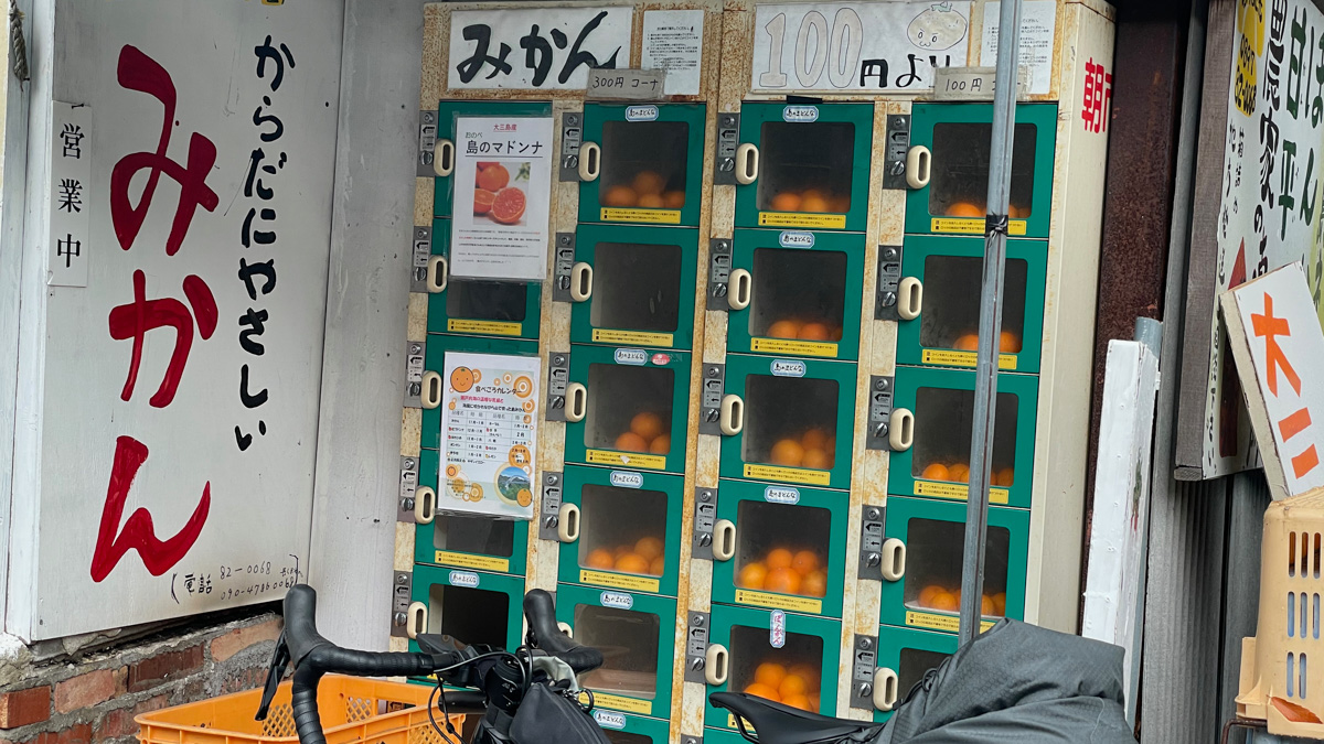 しまなみ海道のあちこちで見かけるみかんの自動販売機