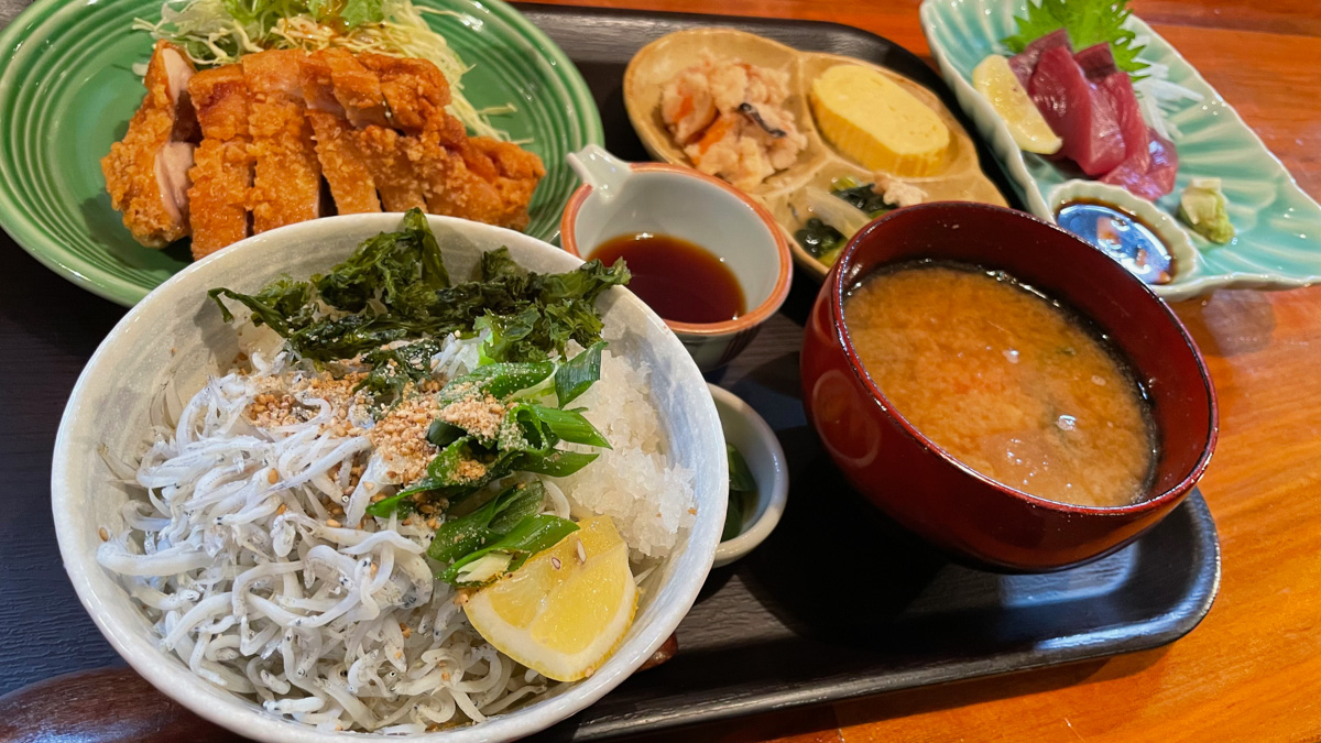 しらす丼と阿波尾鶏の唐揚げ定食をいただく