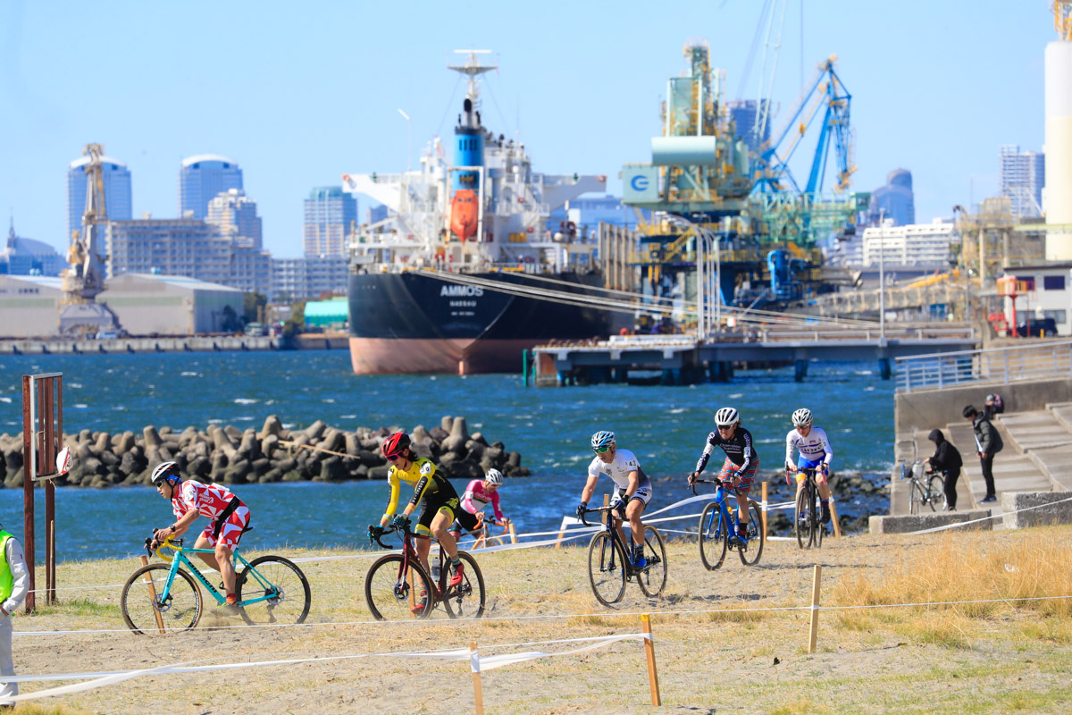 海の向こうには船と港湾施設が見える