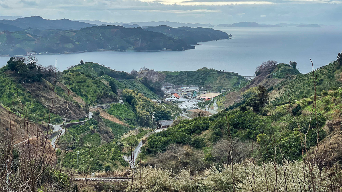 みかんの段々畑と斜面の村は愛媛県南部を代表する風景だ