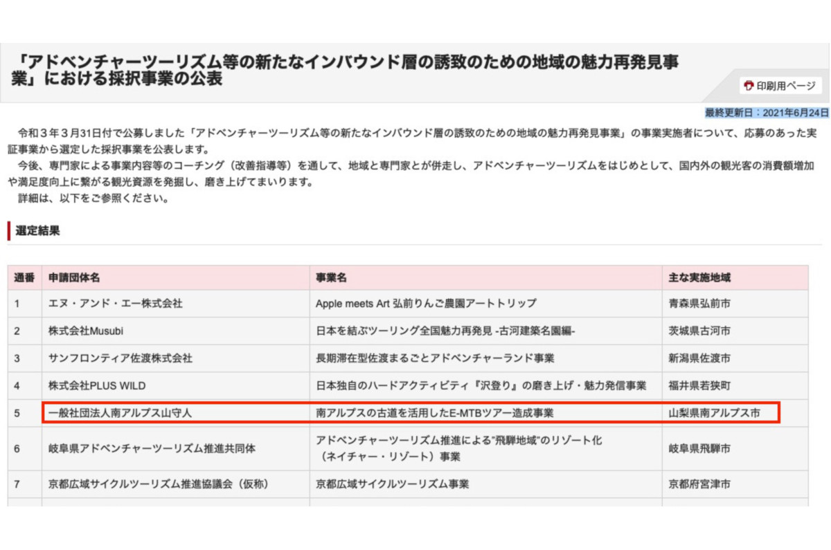 【2021年6月24日】 観光庁／『「アドベンチャーツーリズム等の新たなインバウンド層の誘致のための地域の魅力再発見事業」における採択事業の公表』　この事業実施者として採用。