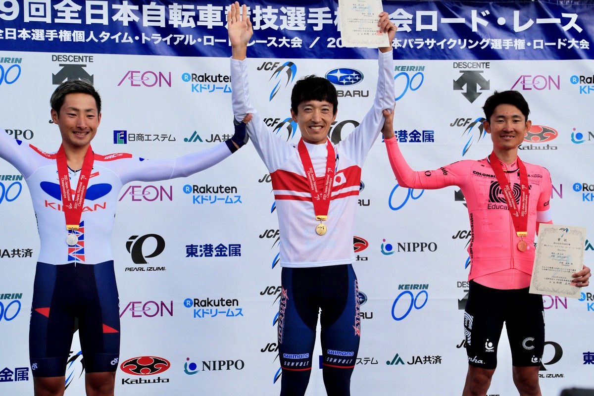個人TT男子エリート表彰 優勝は増田成幸(宇都宮ブリッツェン)、 2位山本大喜(KINAN Cycling Team)、3位中根英登(EFエデュケーション・NIPPO)