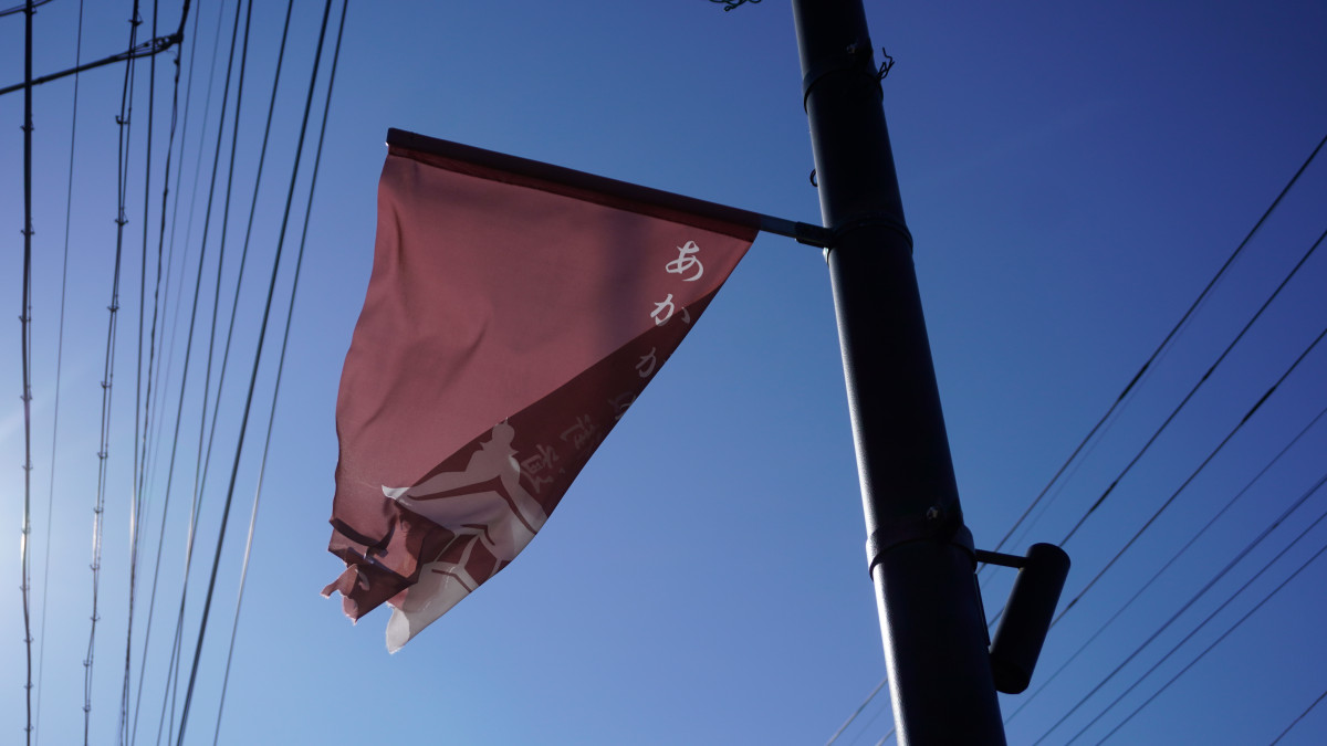 上州名物からっ風に引きちぎられる観光旗。