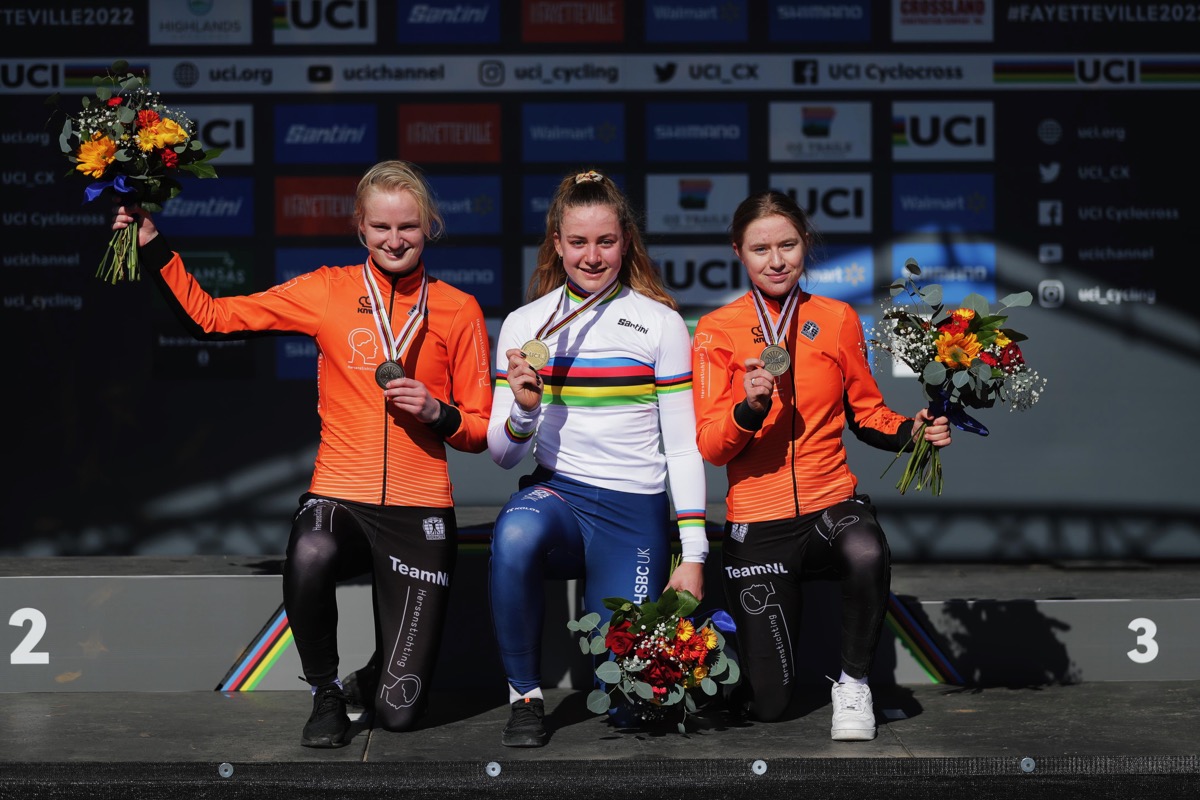 シクロクロス世界選手権2022女子ジュニア表彰台：2位ベントフェルド、1位バックステッド、３位モレングラーフ