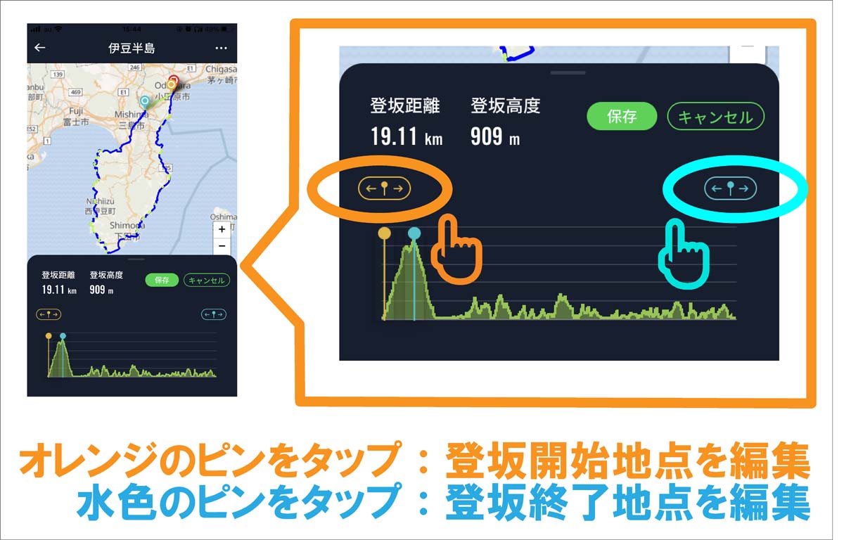 登坂情報のオレンジ色は開始地点、水色は終了地点だ