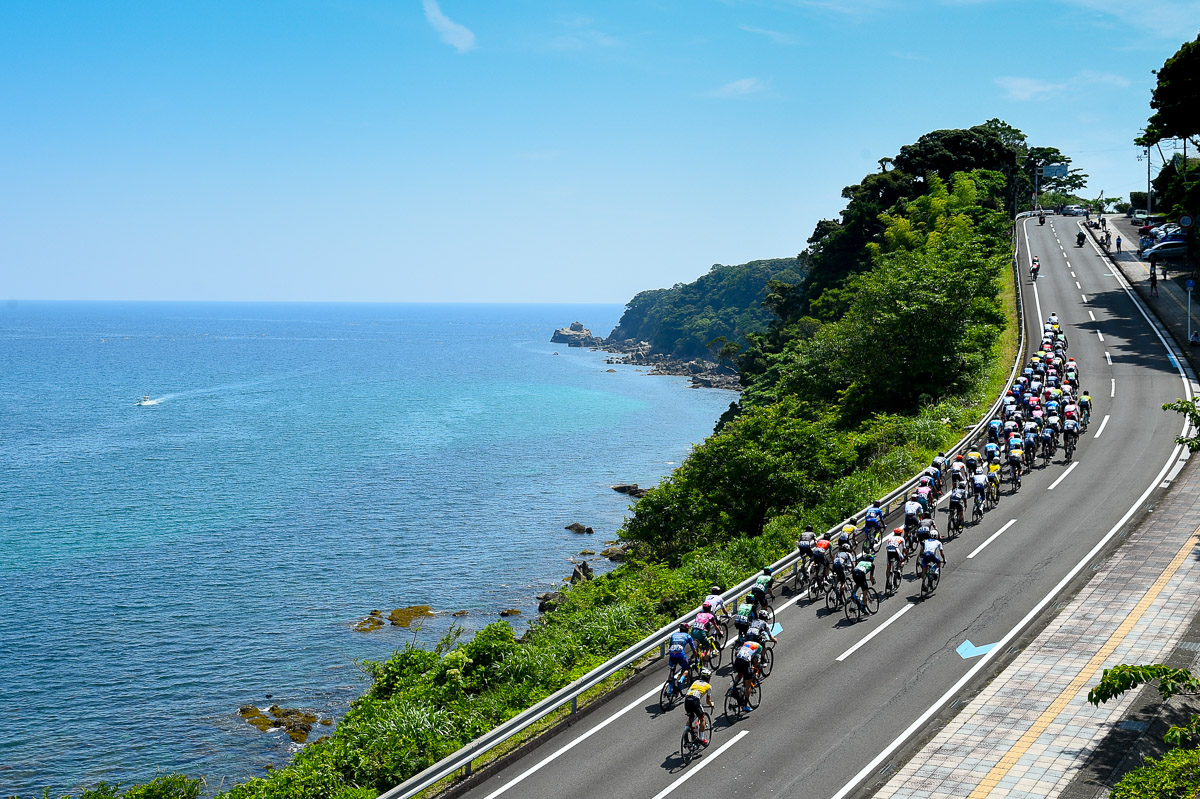 青い海の太地港を横目に登る集団