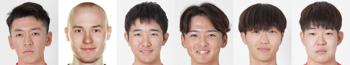 レバンテフジ静岡2023年新加入選手 左から、床井亮太、ダニエル・クルド、山口瑛志、村上裕二郎、夏目天斗、井出晃太郎